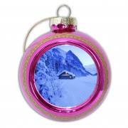 Шар ёлочный стекло розовый Дед Мороз d80мм